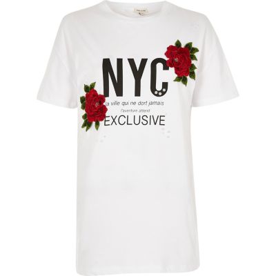 White &#39;NYC&#39; print floral appliqu&#233; T-shirt